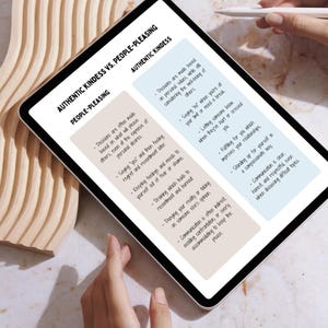 May include: A digital tablet displaying a comparison of authentic kindness versus people-pleasing. The text highlights key differences in decision-making, communication, and self-care.