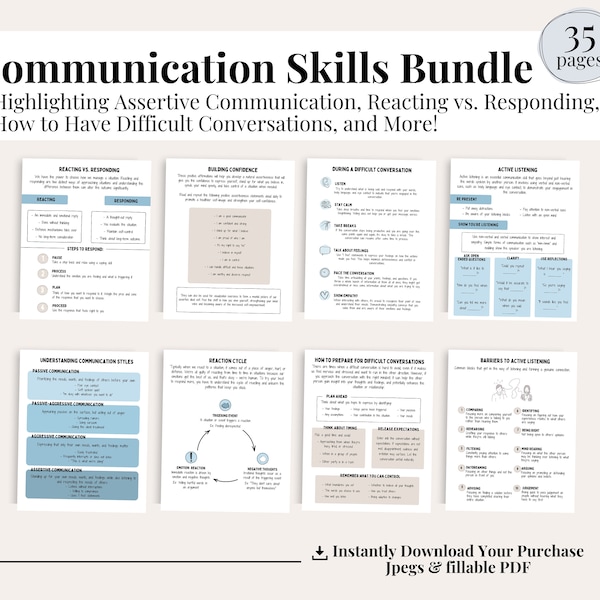 Communication Skills Bundle, How to Have Difficult Conversations, Assertive Communication,  Reacting vs. Responding, Therapist Resources