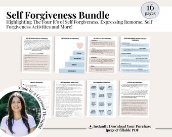 Peut inclure: Un lot numérique imprimable pour la pardon de soi avec 16 pages. Le lot comprend des feuilles de travail, des activités et une lettre de pardon de soi. Le texte sur la couverture indique "Self Forgiveness Bundle" et "Highlighting The Four R's of Self Forgiveness, Expressing Remorse, Self Forgiveness Activities and More!"