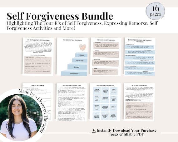 Self-Forgiveness Worksheets, Therapy & Journaling Printables, Therapy Resources, Self-Esteem Workbook, CBT