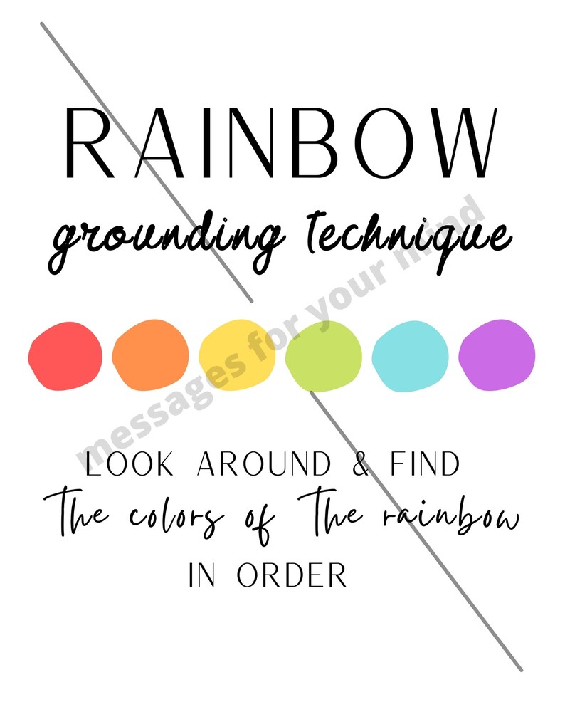 May include: A grounding technique poster with the text "RAINBOW grounding Technique" and a row of coloured circles representing the colours of the rainbow. The text below the circles reads "LOOK AROUND & FIND The colours of The rainbow IN ORDER".