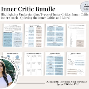May include: A digital printable bundle of worksheets for understanding and managing inner critic. The bundle includes 24 pages of worksheets with titles like "Inner Critic vs. Inner Coach" and "Self-Compassion to Quiet the Inner Critic". The bundle is made by a licensed therapist.