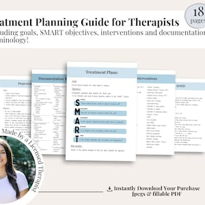 May include: A digital download for therapists, featuring an 18-page treatment planning guide. The guide includes sections for documentation, treatment plans, interventions, and a SMART goal setting framework. The guide is designed to help therapists create effective treatment plans for clients with depression, ADHD, and other mental health conditions.