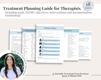 May include: A digital download for therapists, featuring an 18-page treatment planning guide. The guide includes sections for documentation, treatment plans, interventions, and a SMART goal setting framework. The guide is designed to help therapists create effective treatment plans for clients with depression, ADHD, and other mental health conditions.