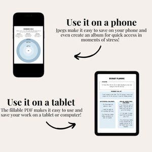 May include: Two images showing how to use a printable boundary planning worksheet. The first image shows a phone displaying a boundary circle diagram. The second image shows a tablet displaying a boundary planning worksheet with the text "Boundary Planning".