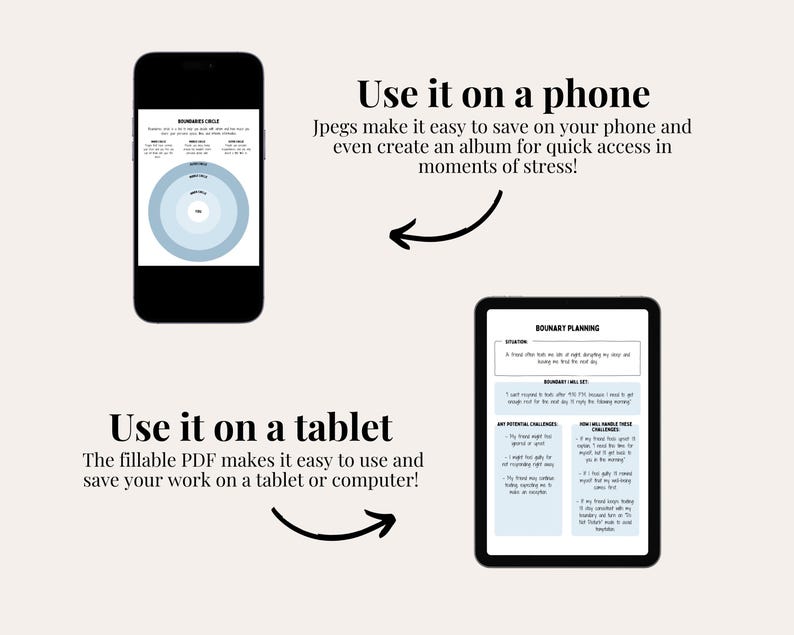 May include: Two images showing how to use a printable boundary planning worksheet. The first image shows a phone displaying a boundary circle diagram. The second image shows a tablet displaying a boundary planning worksheet with the text "Boundary Planning".