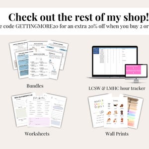 May include: A collage of digital products for therapists, counselors, and social workers. The products include printable worksheets, bundles, and an hour tracker. The image also includes wall prints featuring colorful dog illustrations.