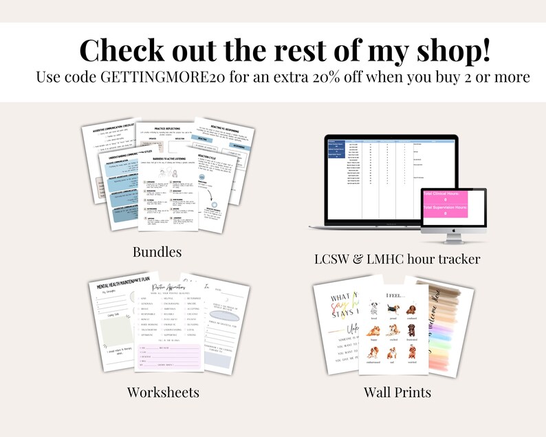 May include: A collage of digital products for therapists, counselors, and social workers. The products include printable worksheets, bundles, and an hour tracker. The image also includes wall prints featuring colorful dog illustrations.