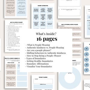 May include: A printable workbook with 16 pages of worksheets and exercises on setting healthy boundaries. The workbook includes sections on people pleasing, authentic kindness, boundary affirmations, and visualizing boundaries. The pages are decorated with light blue circles.