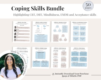 May include: A printable bundle of 50 pages of coping skills worksheets. The worksheets highlight CBT, DBT, Mindfulness, EMDR and Acceptance skills. The worksheets are made by a licensed therapist.