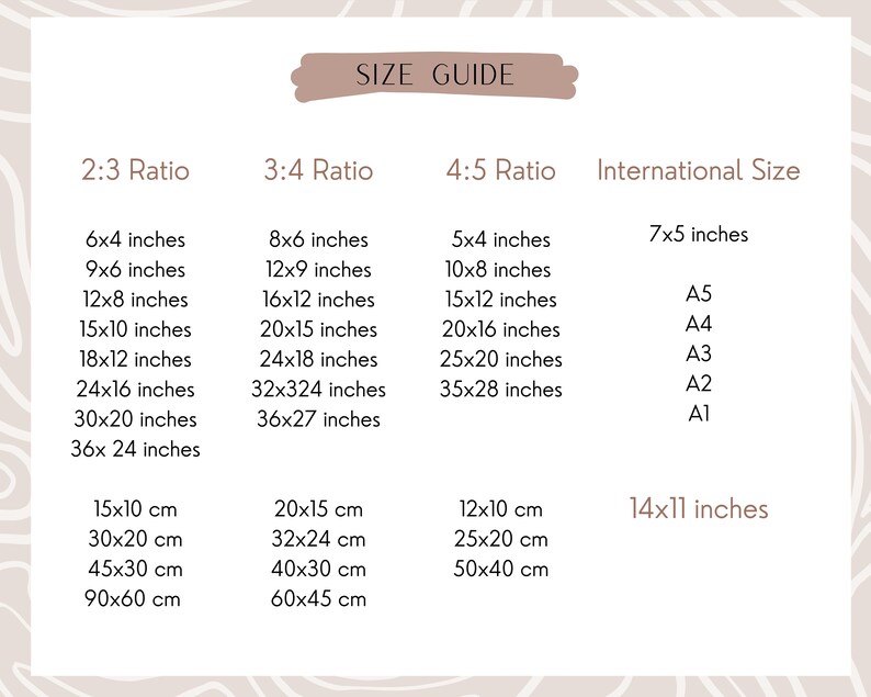 May include: A size guide for prints, showing different aspect ratios and corresponding measurements in inches and centimeters. The guide includes standard international paper sizes, such as A5, A4, A3, A2, and A1.