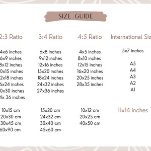 May include: Size guide chart for prints with measurements in inches and centimetres. The chart shows different aspect ratios: 2:3, 3:4, and 4:5. It also includes international paper sizes: A5, A4, A3, A2, and A1.