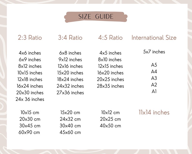 May include: Size guide chart for prints with measurements in inches and centimetres. The chart shows different aspect ratios: 2:3, 3:4, and 4:5. It also includes international paper sizes: A5, A4, A3, A2, and A1.