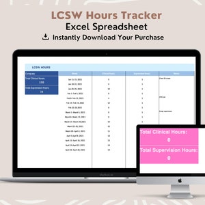 LCSW Hour Tracker, Social Worker Hour Spreadsheet, Track LCSW Supervision Hours, Therapist Social Worker Tools, Clinical Hour Tracker