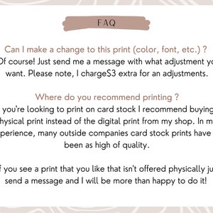 May include: FAQ text about printing options for a shop. The text explains that the shop offers physical prints on card stock and that customers can request changes to their prints for an additional fee.