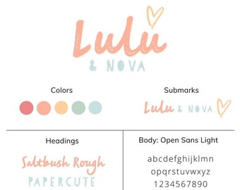 May include: A graphic design guide featuring the logo "Lulu & Nova" in coral and light blue. The guide includes color palettes, submarks, font examples, and inspirational images of macarons, balloons, and a sunset.