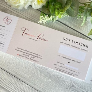 Chèques-cadeaux pour photographes, chèque photo, logo personnalisé, bons d'achat personnalisés, chèques photographe, chèques-cadeaux personnalisés
