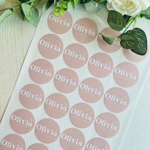 Op de afbeelding: Een vel met roze en witte gepersonaliseerde stickers met de naam "Olivia" op elke sticker. De stickers zijn in rijen op een witte achtergrond gerangschikt.