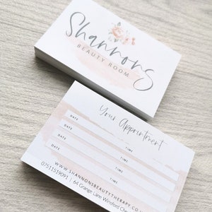 May include: White appointment card with the text "Your Appointment" and spaces to fill in the date and time. The card also includes the business name "Shannon's Beauty Room" and contact information.