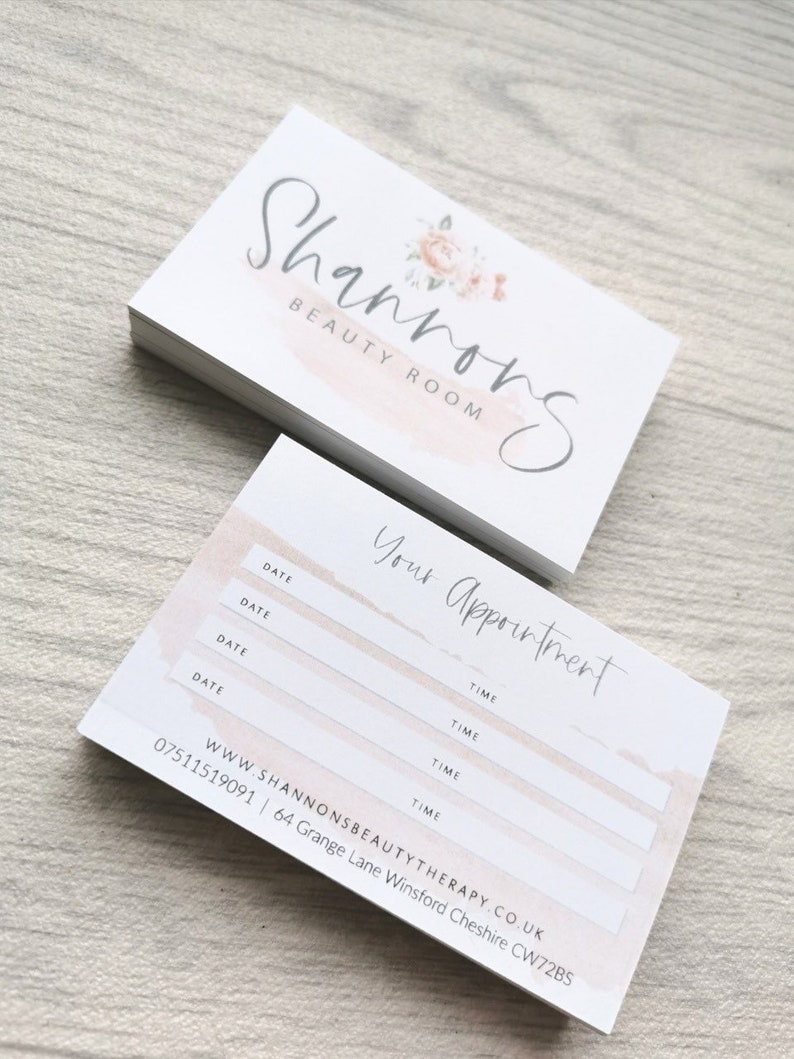 May include: White appointment card with the text "Your Appointment" and spaces to fill in the date and time. The card also includes the business name "Shannon's Beauty Room" and contact information.