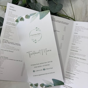 Broszura Trifold Gatefold, Cennik, Menu, Broszura informacyjna. Projekt niestandardowy, Fotografia, Cennik usług estetycznych, Menu kawiarni