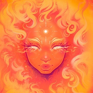 May include: A digital illustration of a woman's face with a glowing aura of orange and yellow flames. The woman has a third eye and a serene expression.