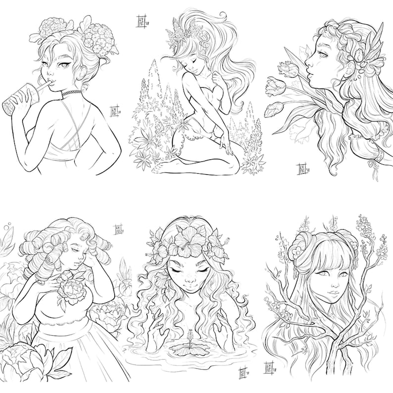 Flower Girls Digital Coloring Book Download - 16 Floral Female Portraits image 3