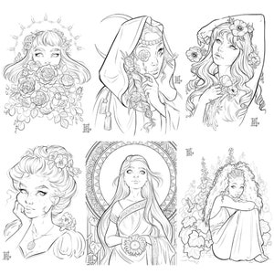 Flower Girls Digital Coloring Book Download - 16 Floral Female Portraits image 2