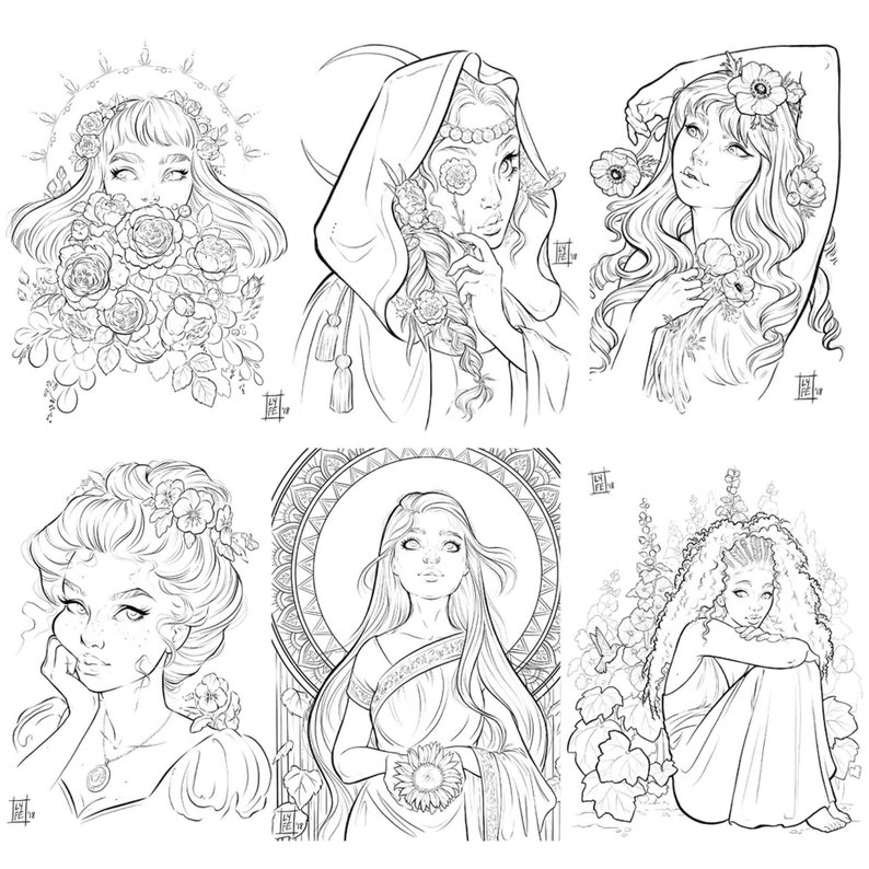 Flower Girls Digital Coloring Book Download - 16 Floral Female Portraits image 2
