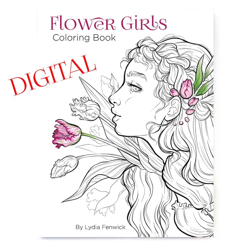 Flower Girls Digital Coloring Book Download - 16 Floral Female Portraits image 1
