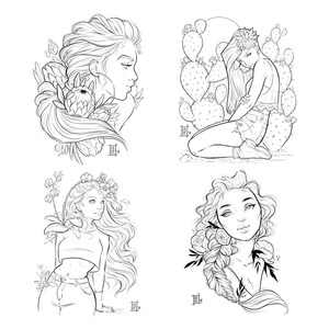 Flower Girls Digital Coloring Book Download - 16 Floral Female Portraits image 4
