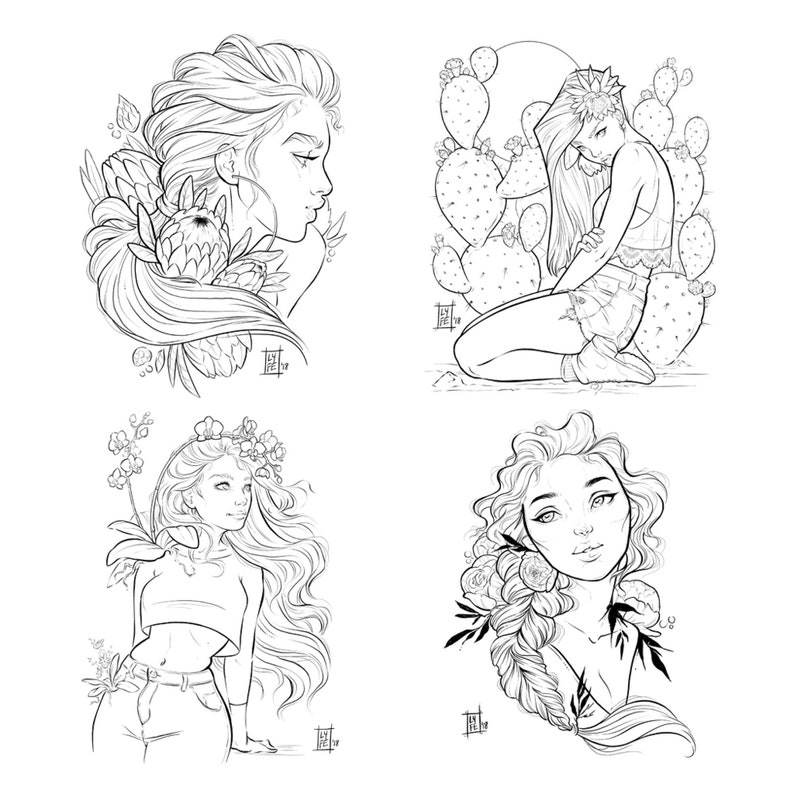 Flower Girls Digital Coloring Book Download - 16 Floral Female Portraits image 4