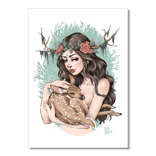 Forest Nymph Mother Nature Woman Holding Baby Deer Art Print - Pearlescent High Quality Wall Art