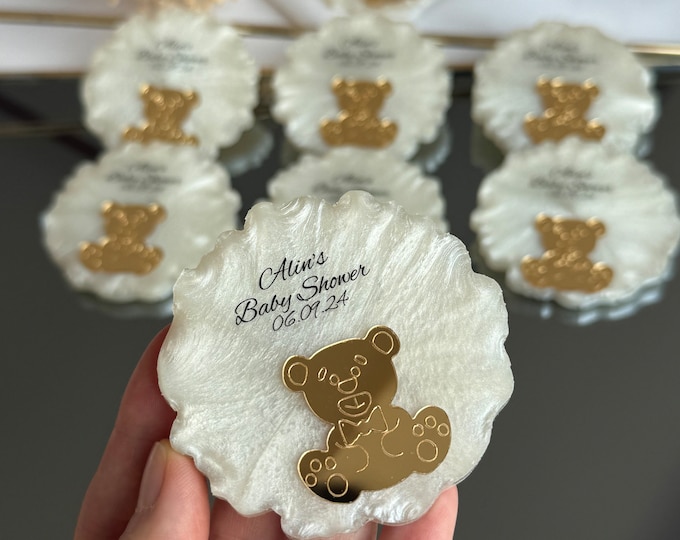 Personalized Baby Shower Magnet Favors with Gold and Silver Teddy Bear