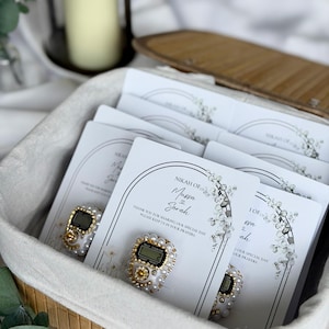 Custom Nikkah favor with digital prayer counter, personalized Muslim wedding keepsake featuring floral artwork, couple names, and wedding date for guests.
