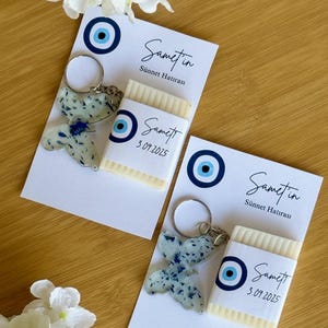 May include: Two white cards with a blue eye symbol and the name "Sametin" printed in black. Each card holds a small bar of soap and a butterfly-shaped keychain with blue and white accents. The date "3.09.2025" is also printed.