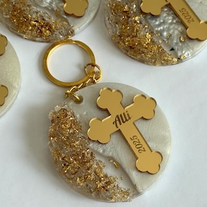 Personalized Baptism Keychain Favors: Golden Cross, Epoxy Resin