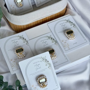 Personalized Islamic wedding favor featuring a digital tasbih counter attached to a custom Nikkah card with couple names and wedding date, elegant Muslim wedding guest gift display with floral design.