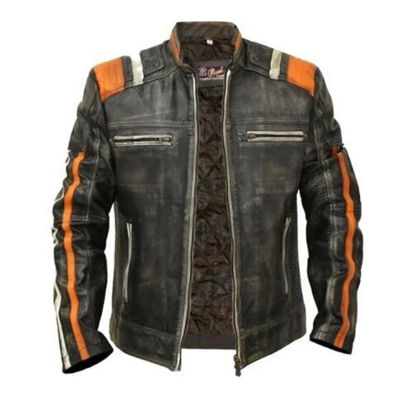 New Men’s Retro 3 Cafe Biker Racer Vintage Motorcycle Distressed Black Real Leather Jacket