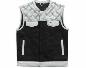 New Men's White Cowhide Leather Bikers Vest Diamond Quilted Motorcycle Club Vest