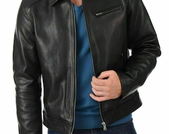 Men's Fashion Plain Simple Collared Cow Leather Jacket Legend style