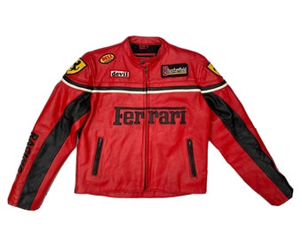 Seltene Vintage Ferrari Jacke für Herren Rote Ferrari F1 Racing Lederjacke, Formel1 Racing Echtlederjacke