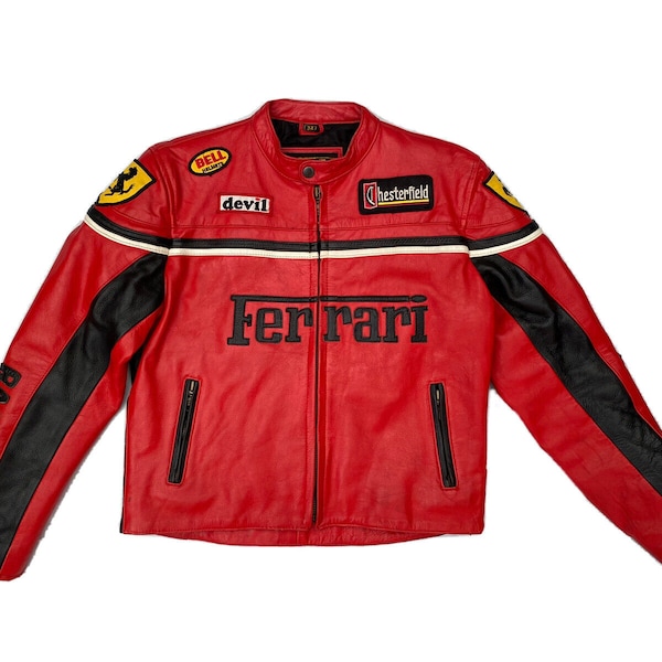 Men's Rare Vintage Ferrari Jacket  Red Ferrari F1 Racing Leather Jacket, Formula 1 Racing Genuine Leather Jacket