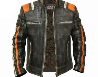 Men's Retro 3 Cafe Racer Biker Vintage Distressed Real Leather Jacket