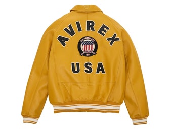 New Men's Avirex Yellow  Real Bomber American Flight Jacket Inspiration Leather