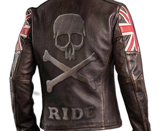 Men's UK Flag Skull Embossed Biker Vintage Style Motorcycle Cafe Racer Genuine Leather Jacket Black