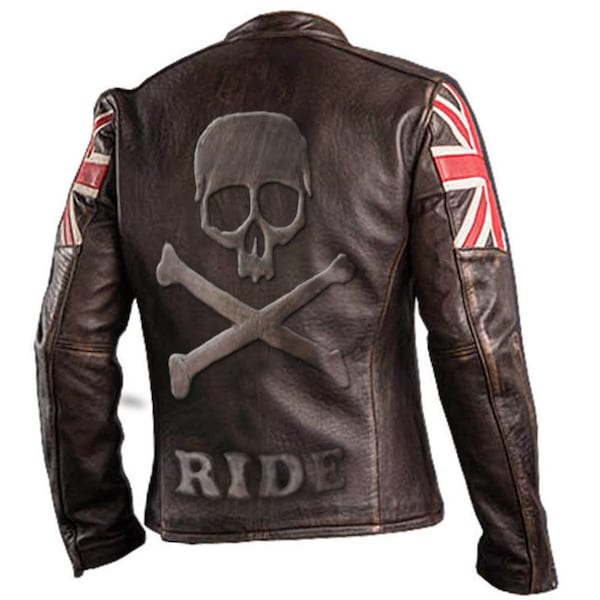 Men's UK Flag Skull Embossed Biker Vintage Style Motorcycle Cafe Racer Genuine Leather Jacket Black