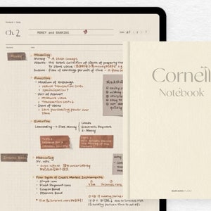 May include: A cream-colored Cornell Notebook next to a tablet displaying handwritten notes on money and banking. The notebook has the word "Cornell" embossed on the cover. The tablet shows chapter 2 notes.