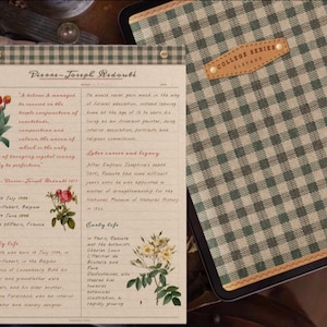 May include: A vintage-style notebook and notepad set. The notebook features a green and white checkered pattern with a leather label that reads "COLLEGE SERIES". The notepad has text and botanical illustrations.
