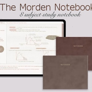 May include: An image featuring a tablet displaying study notes alongside two brown notebooks. The tablet shows diagrams and text related to reaction rates and the Maxwell-Boltzmann distribution. The notebooks are labeled "NOTEBOOK" in a simple font, and the image is titled "The Morden Notebook".